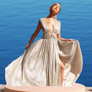 Jonathan Simkhai Plissé Lame Goddess Gown Maxi Dress Champagne Size L NWT